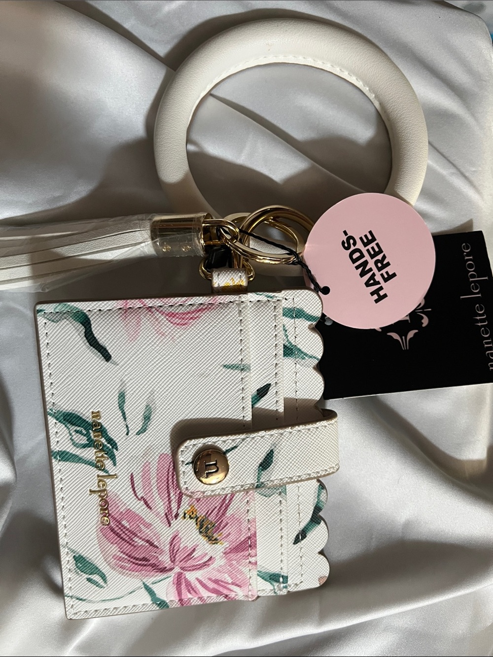 Nanette Lepore White Floral Card Holder Wristlet with Pink Roses & Gold Hardware